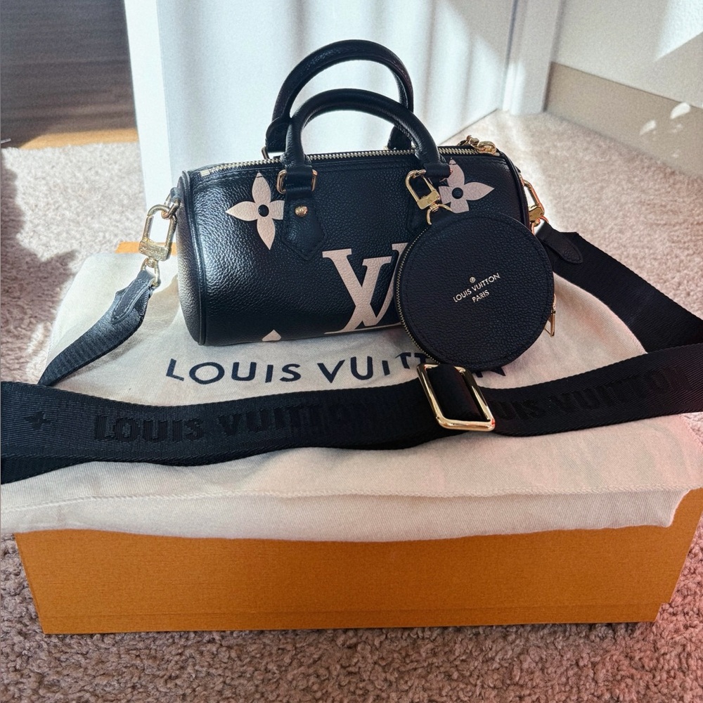 Louis Vuitton Black Mini Speedy Monogram Satchel with Cream Accents